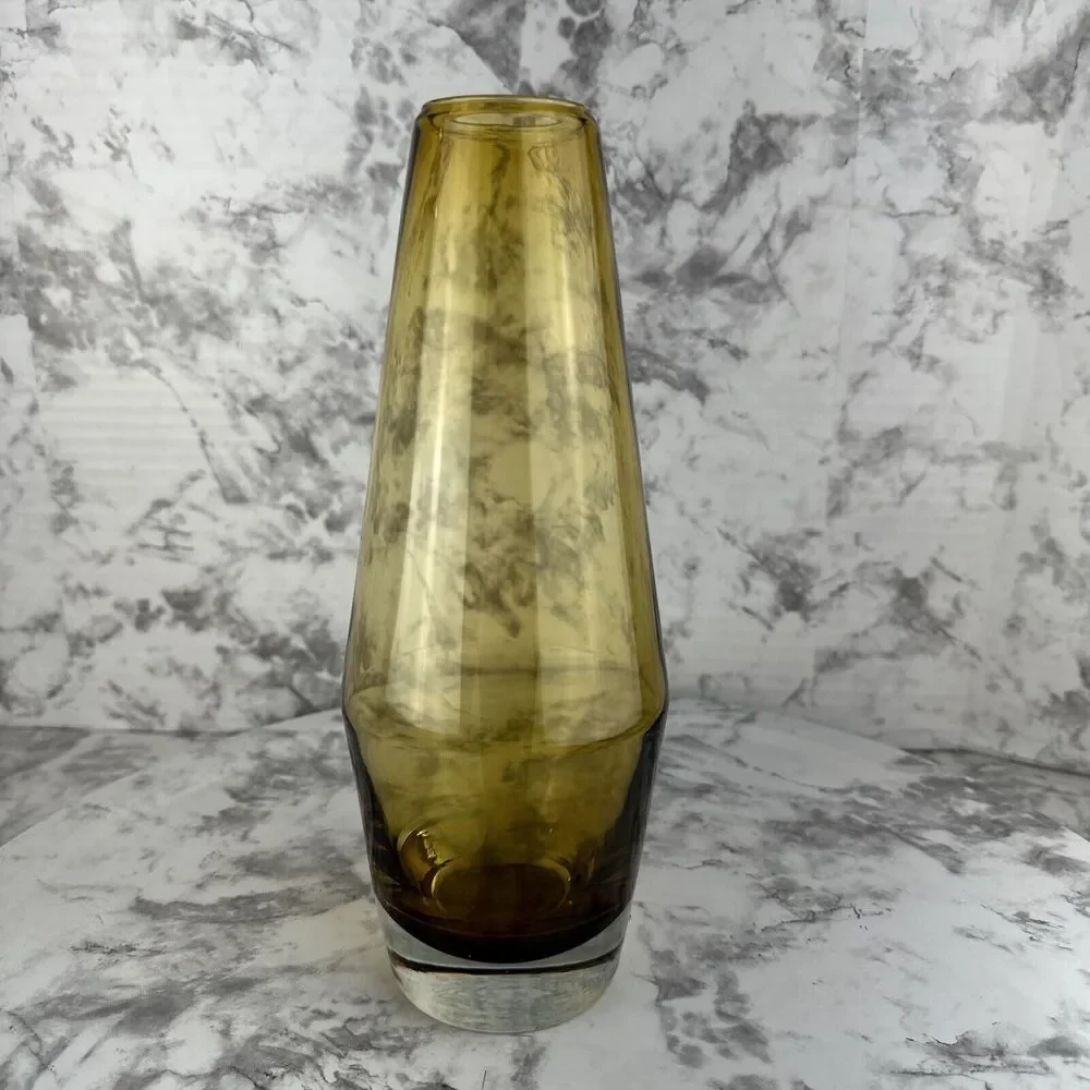 Vintage‎ MCM Riihimaki Lasi Oy Vase Finland Amber 10 in Art Glass Original Label